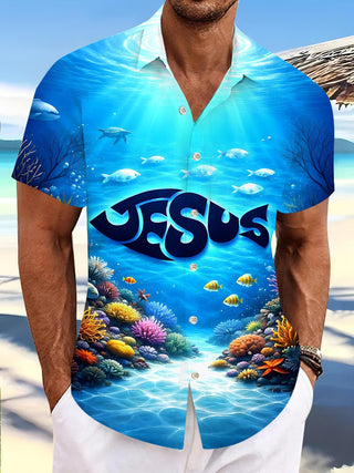 men's Hawaiian shirt front view tropical beach vacation