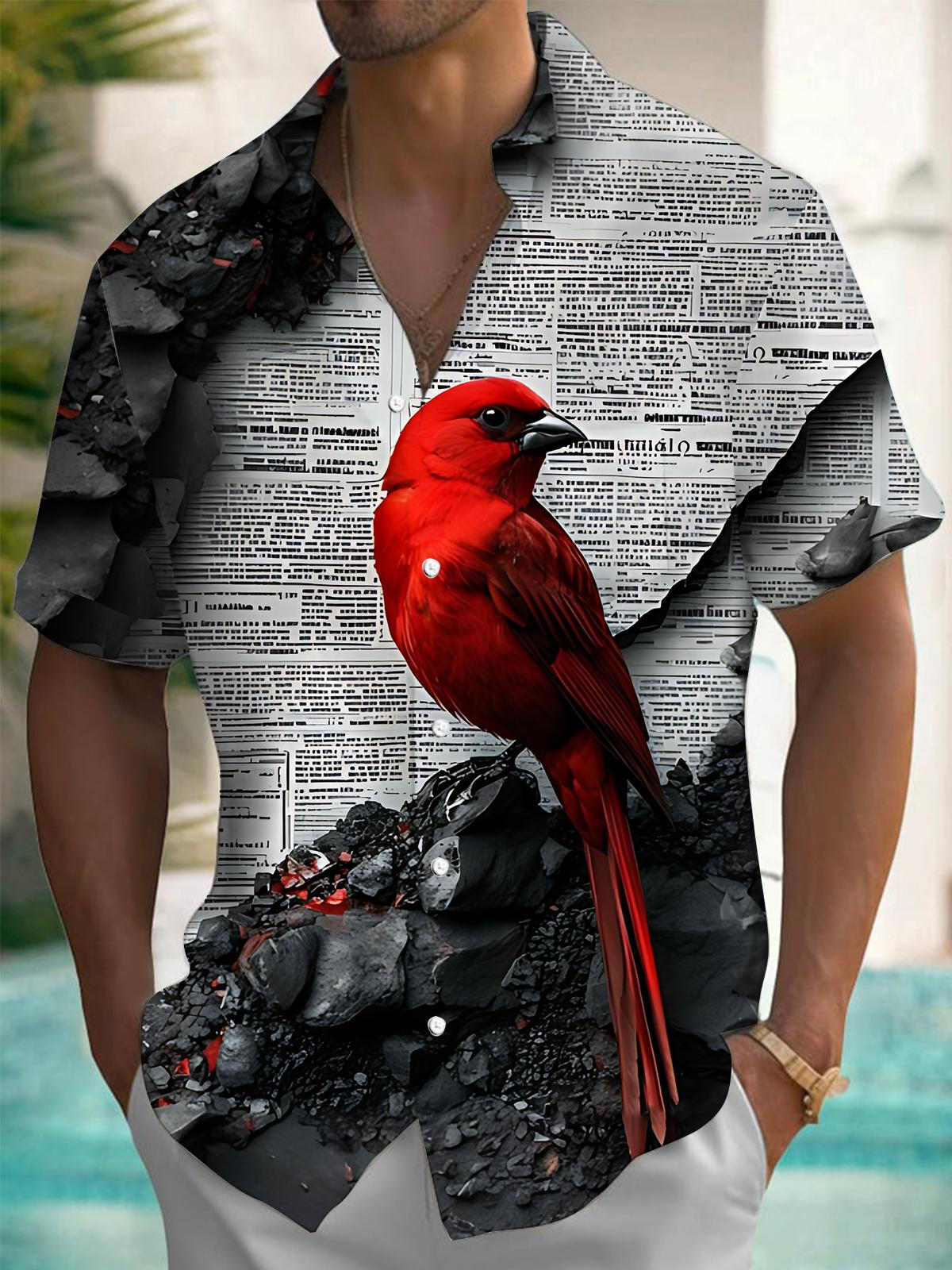 Red Bird Print Men's Pocket Short Sleeve Shirts
