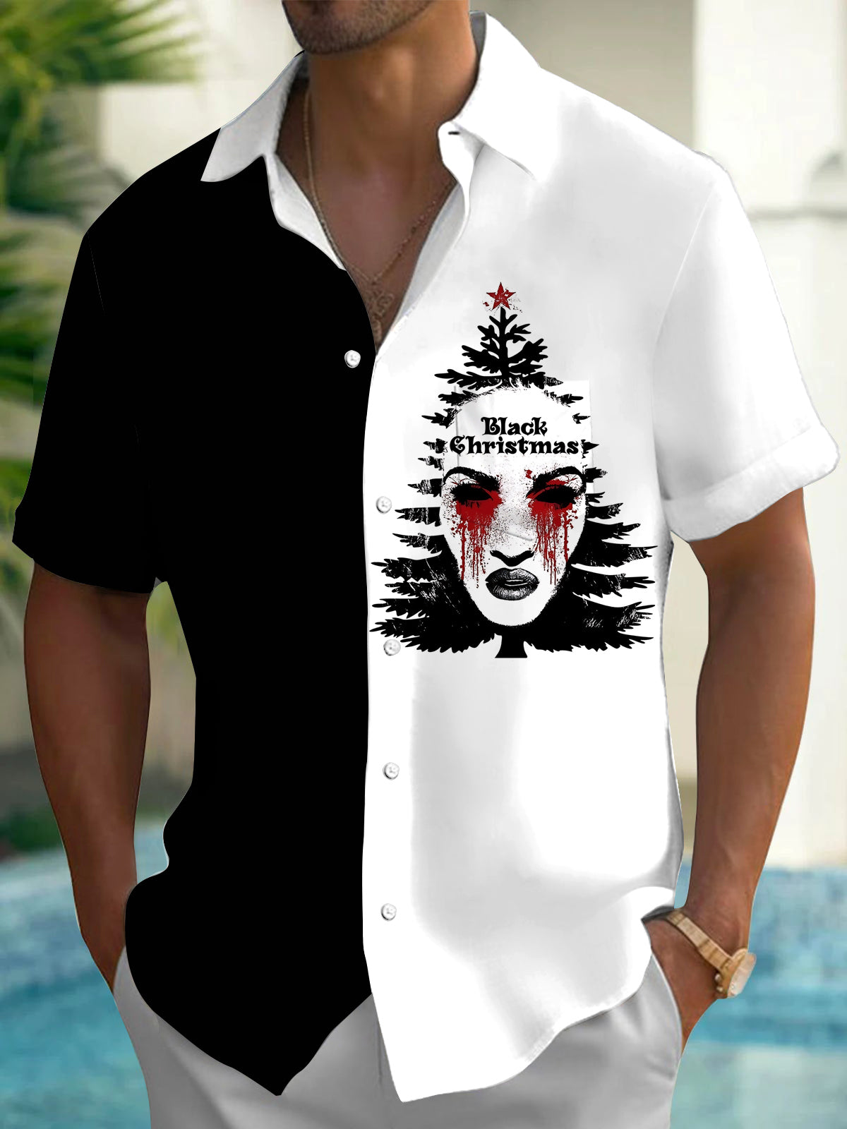 Black Christmas Print Men's Pocket Short Sleeve Shirts