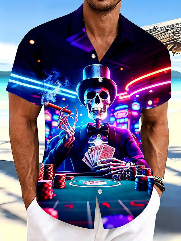 Neon Casino Skeleton Skull Poker Men's Pocket Short Sleeve Shirts
