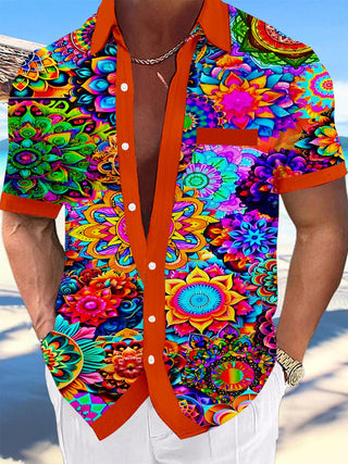 Men's colorful Hawaiian mandala pocket short sleeve shirt front view tropical beach vacation