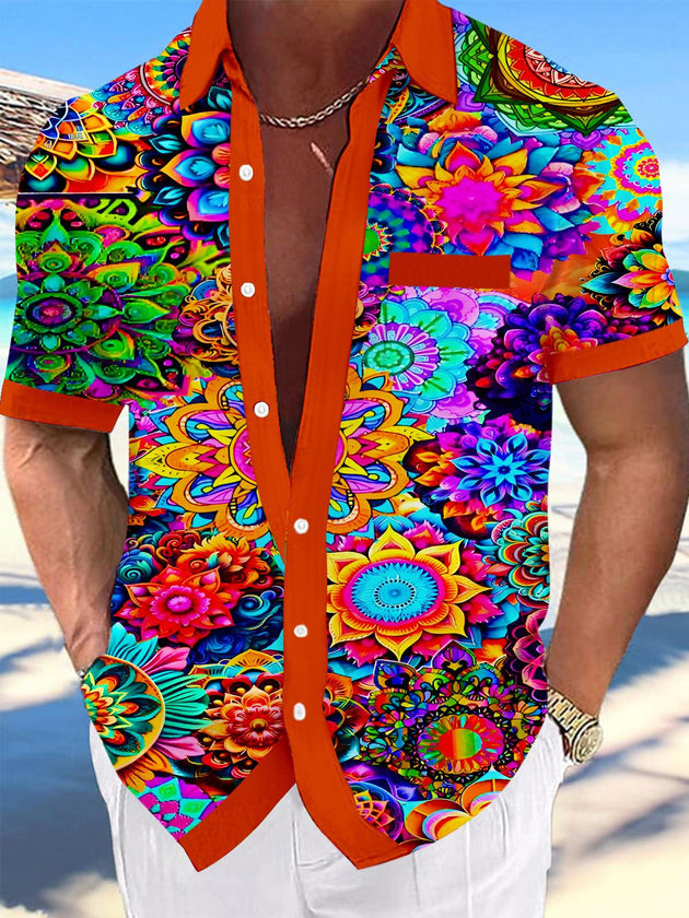 Men's colorful Hawaiian mandala pocket short sleeve shirt front view tropical beach vacation