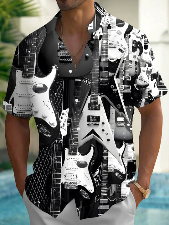 men's guitar print shirt front view