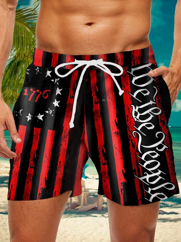 Men's American flag print casual shorts front view for Independence Day