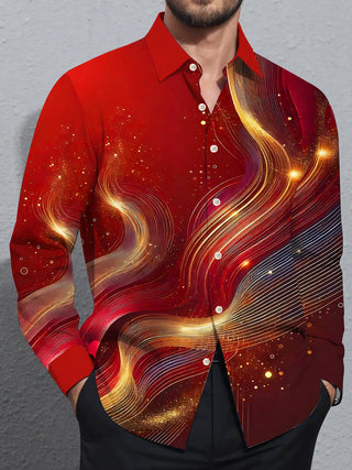 men's red art print shirt front view
