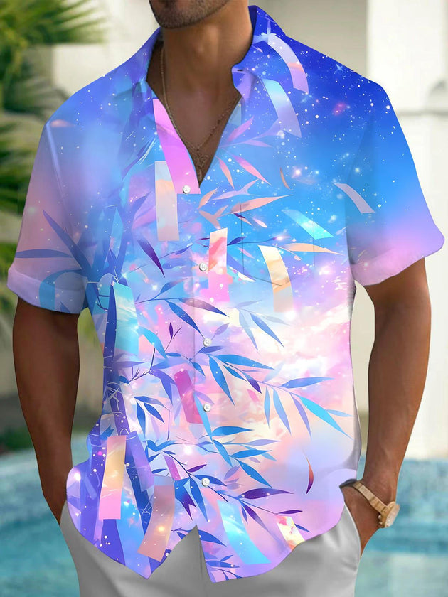 Men's Hawaiian tie dye short sleeve shirt front view for tropical beach vacation