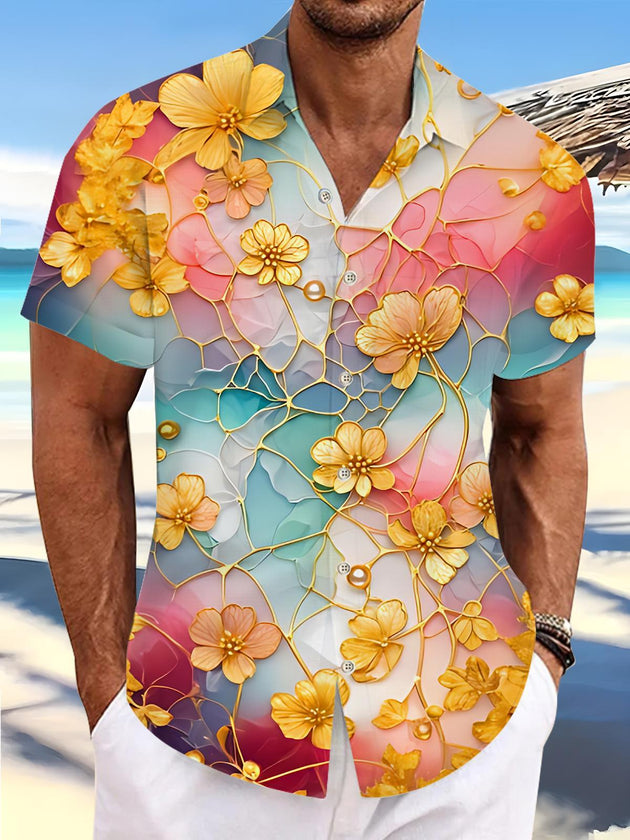 Art Golden Flower Gradient Watercolor Men's Pocket Short Sleeve Shirts