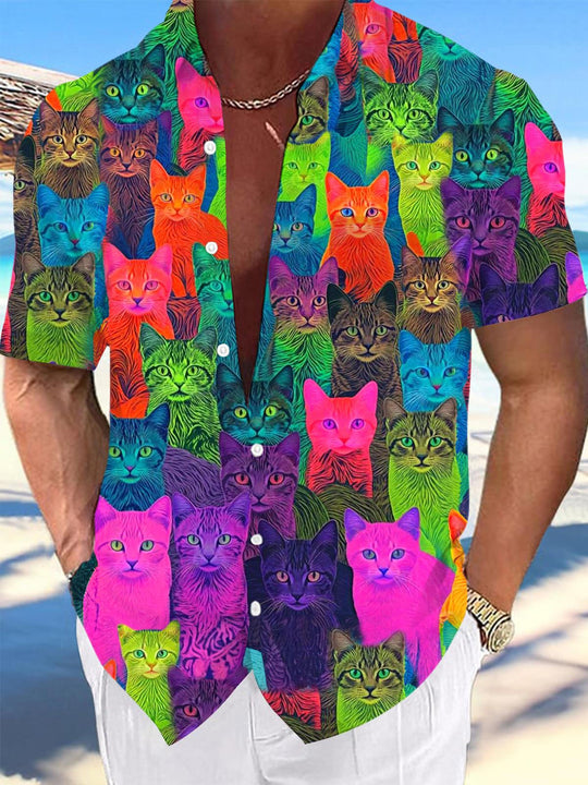 Men's Cat Print Pocket Short Sleeve Shirt Front View