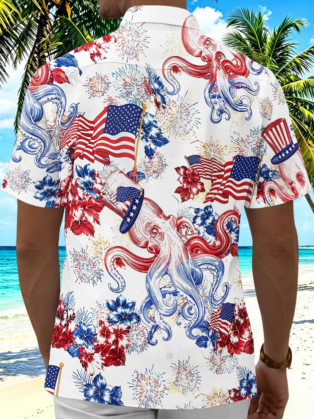 American Flag Octopus Firework Independence Day Men's Pocket Short Sleeve Shirts