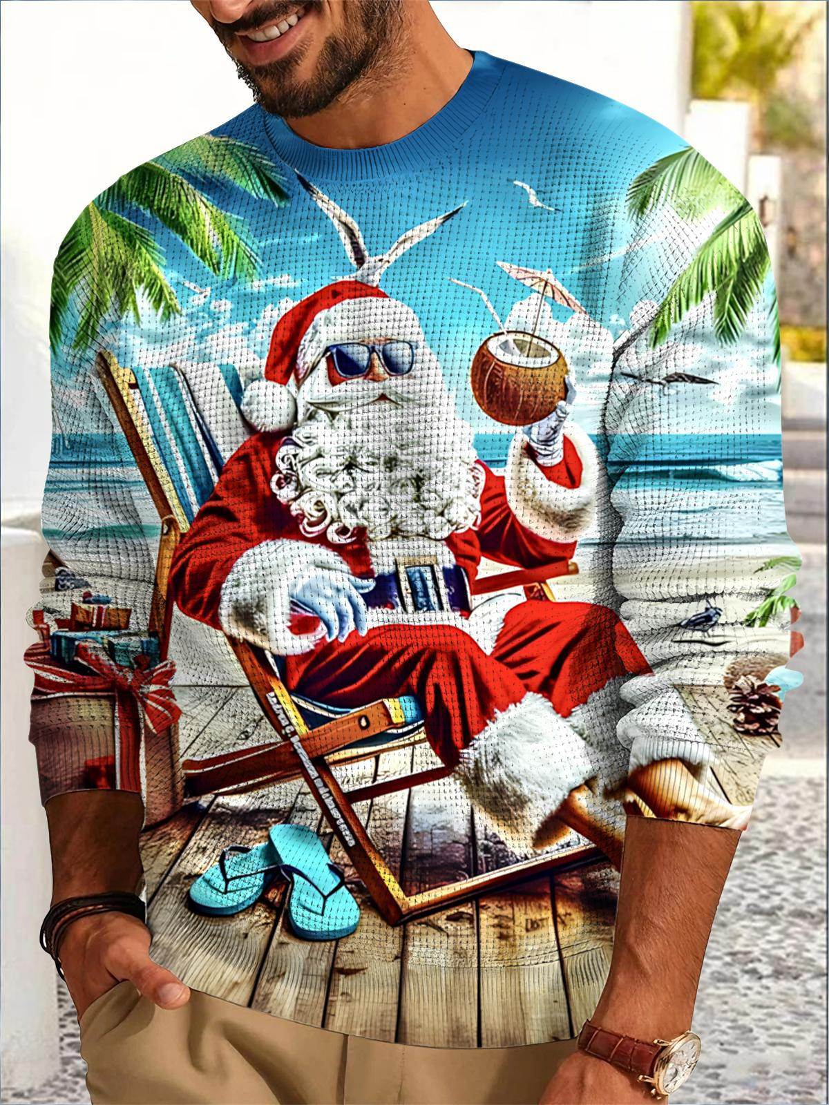 Vacation Santa Claus Print Men's Long Sleeve Round Neck Tops