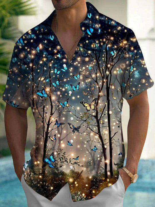 Men's butterfly Hawaiian short sleeve pocket shirt front view for tropical beach vacation