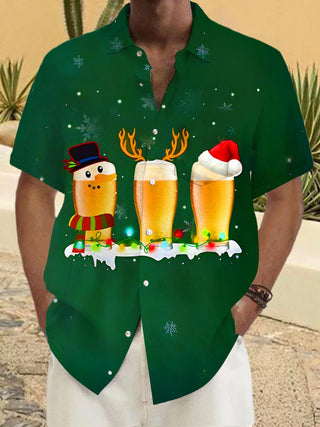 Men's Christmas beer print pocket short sleeve shirt front view for holiday party