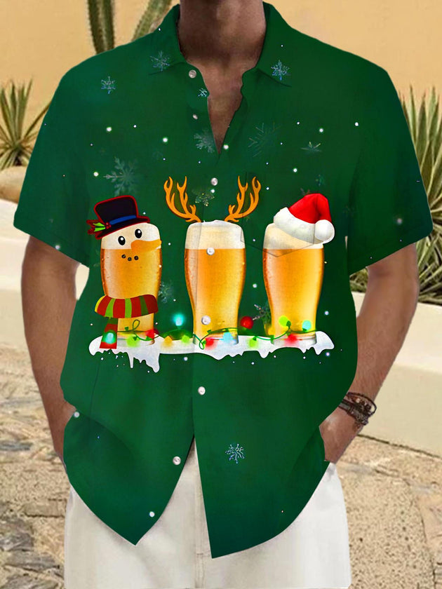 Men's Christmas beer print pocket short sleeve shirt front view for holiday party