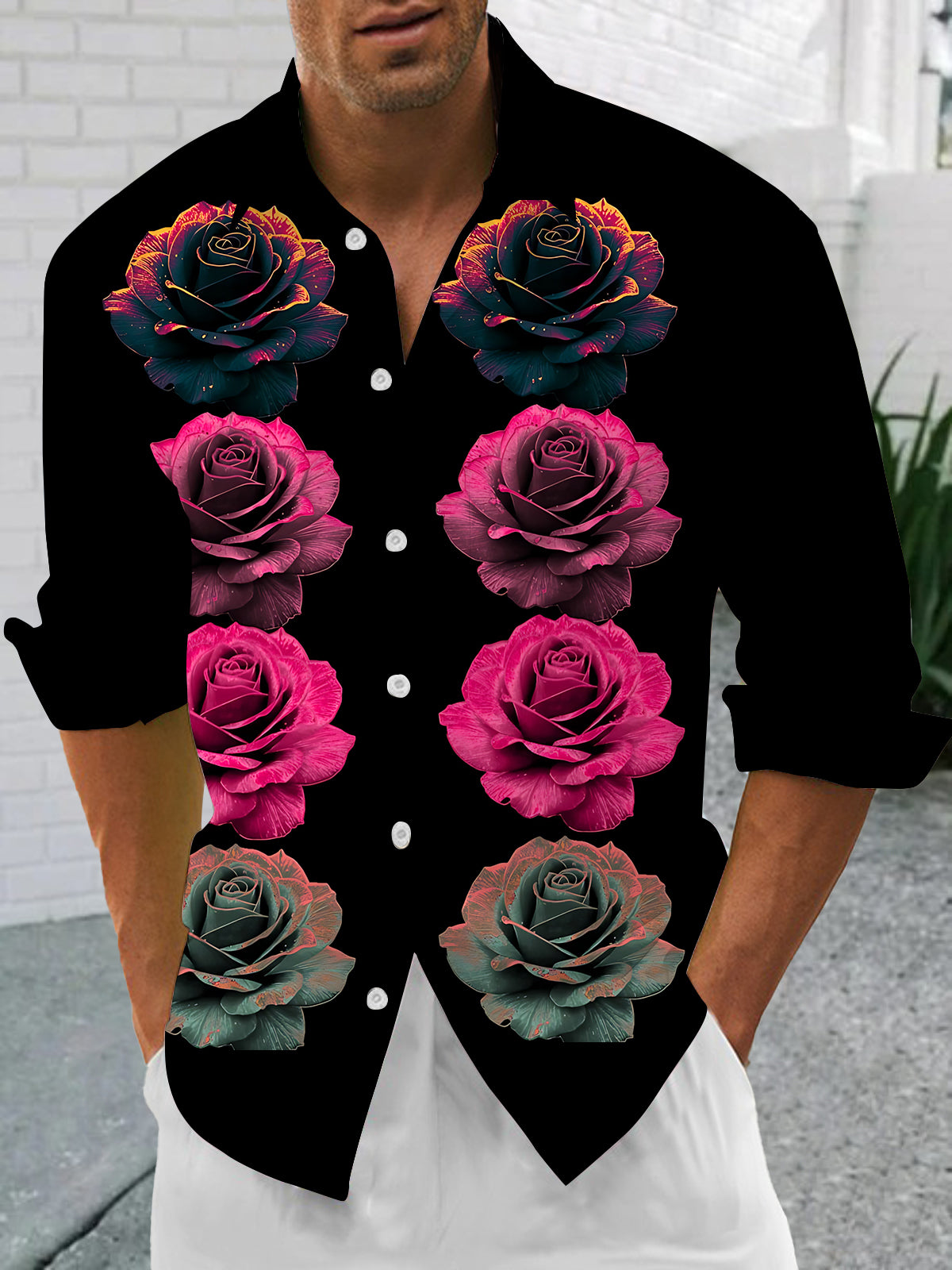 Plant Flower Print Men's Pocket Long Sleeve Shirts