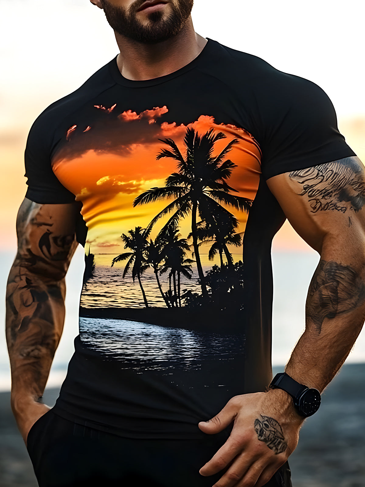 Hawaiian Coconut Tree Round Neck Short Sleeve Men's T-shirt