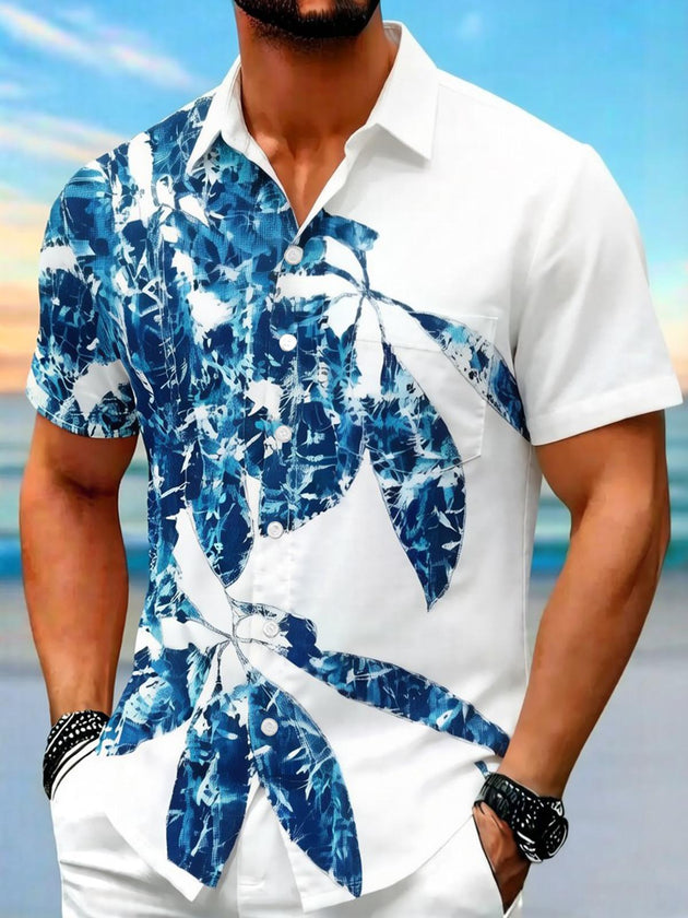 Blue Plant Leaf Silhouette Men's Pocket Short Sleeve Shirts