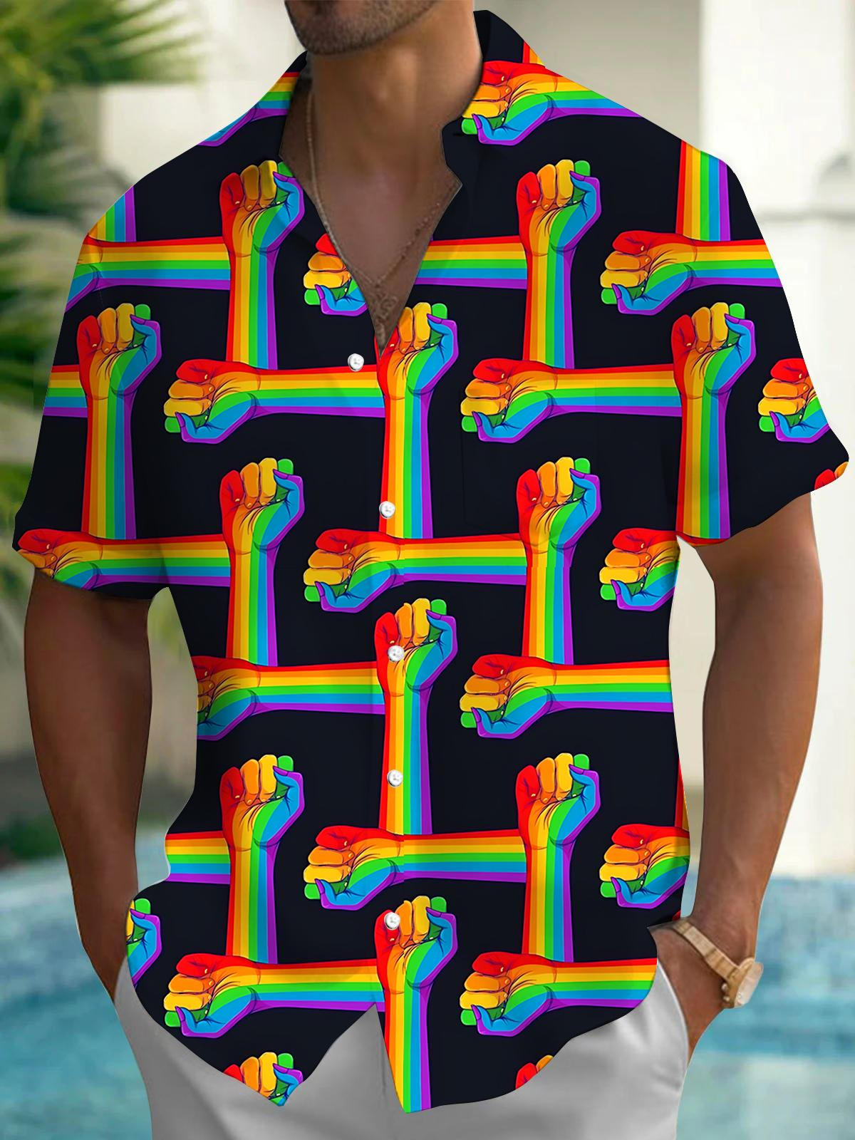 Rainbow Striped Fist Print Men's Pocket Short Sleeve Shirts
