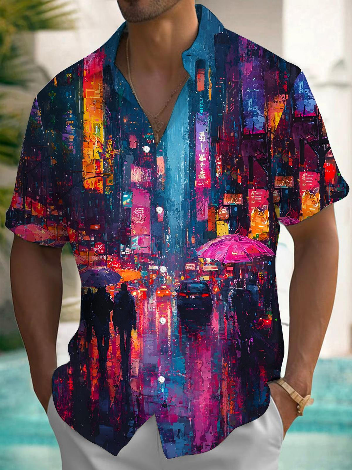 Street Scene Oil Painting Print Men's Pocket Short Sleeve Shirts