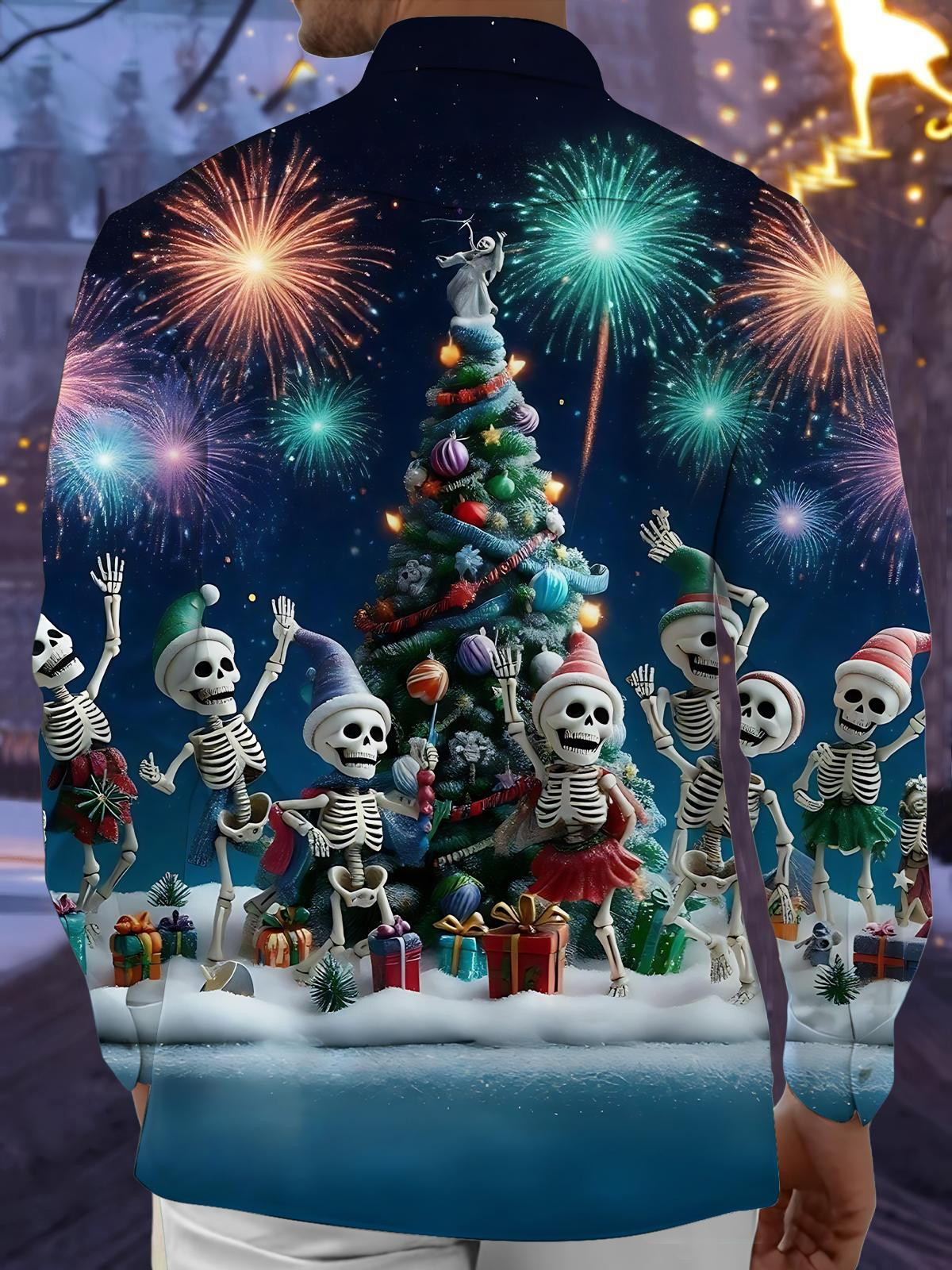 Christmas Skull Firework Print Men's Pocket Long Sleeve Shirts