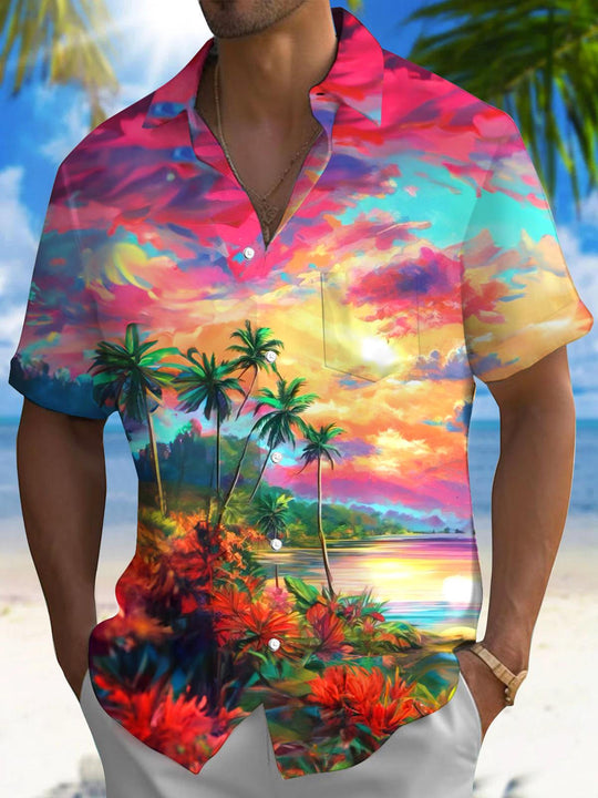 Men's colorful Hawaiian short sleeve pocket shirt front view for beach vacation