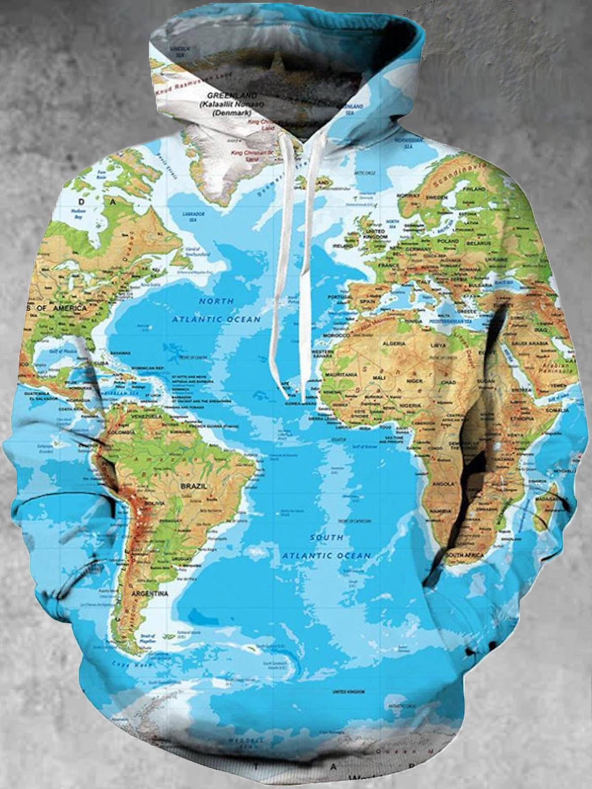 Map Print Long Sleeve Hooded Pocket Men's Top