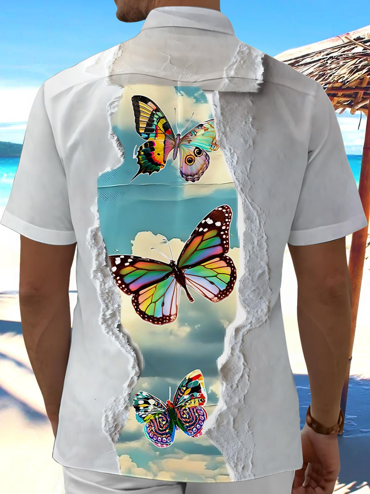 Butterfly Print Men's Pocket Short Sleeve Shirts