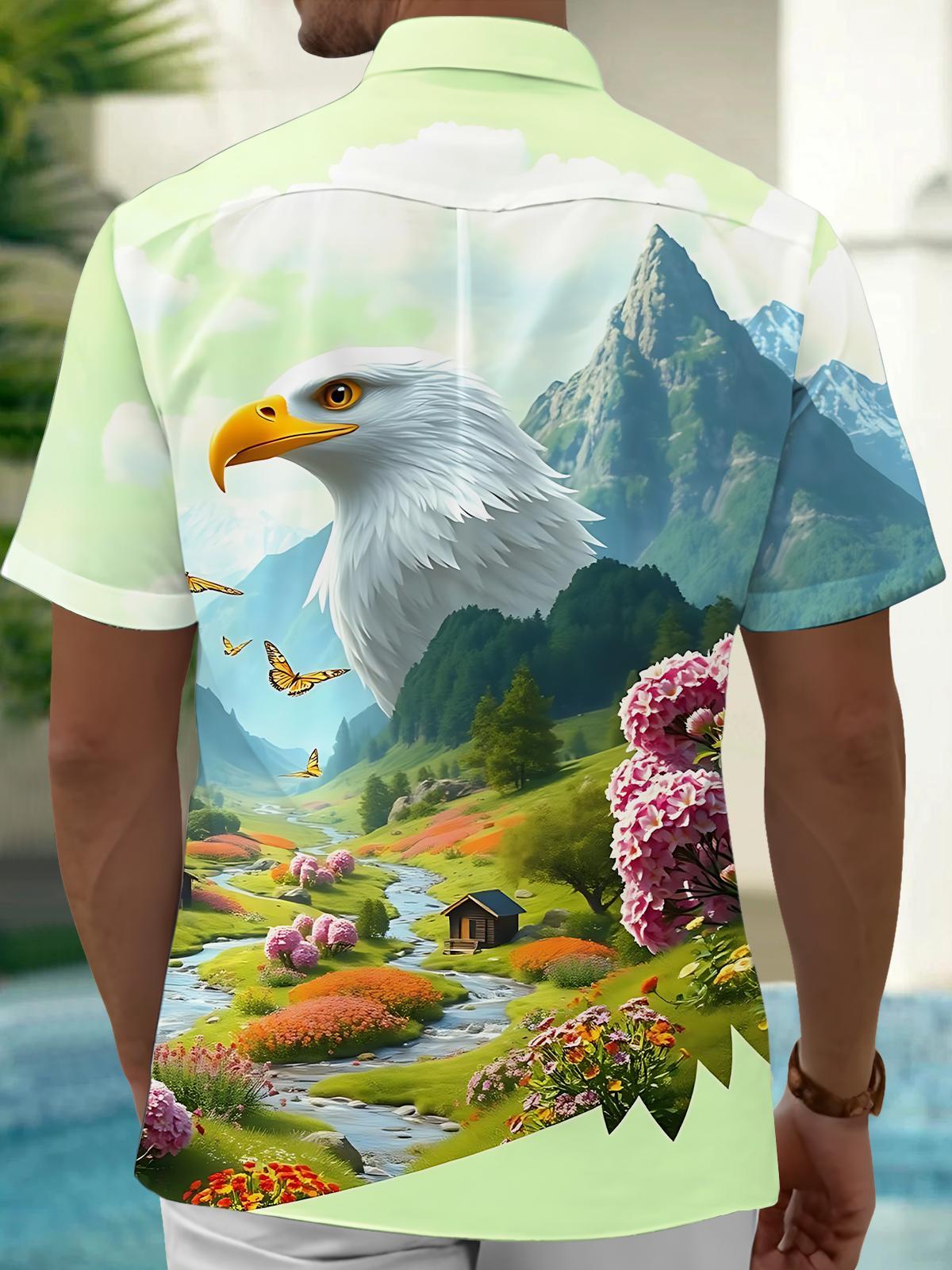 Men's blue eagle print short sleeve shirt back view