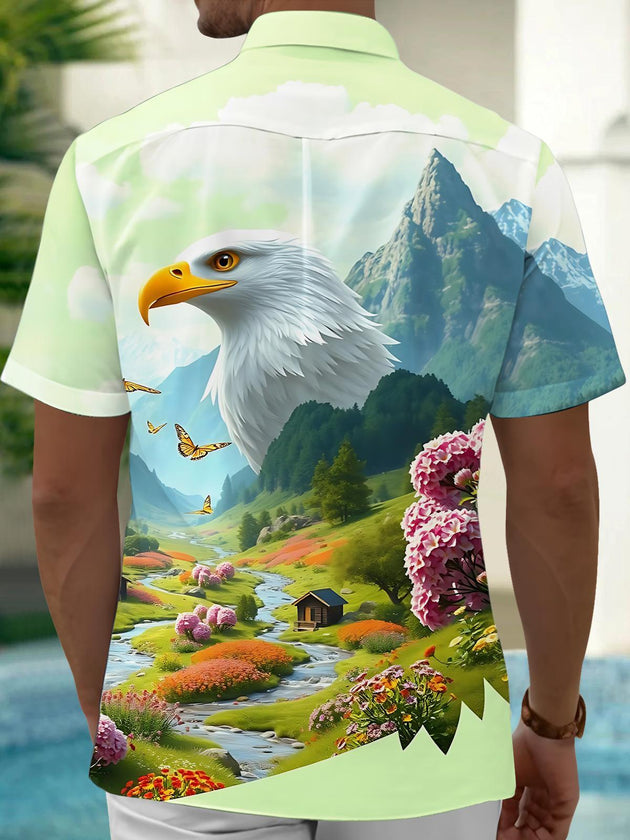 Men's blue eagle print short sleeve shirt back view