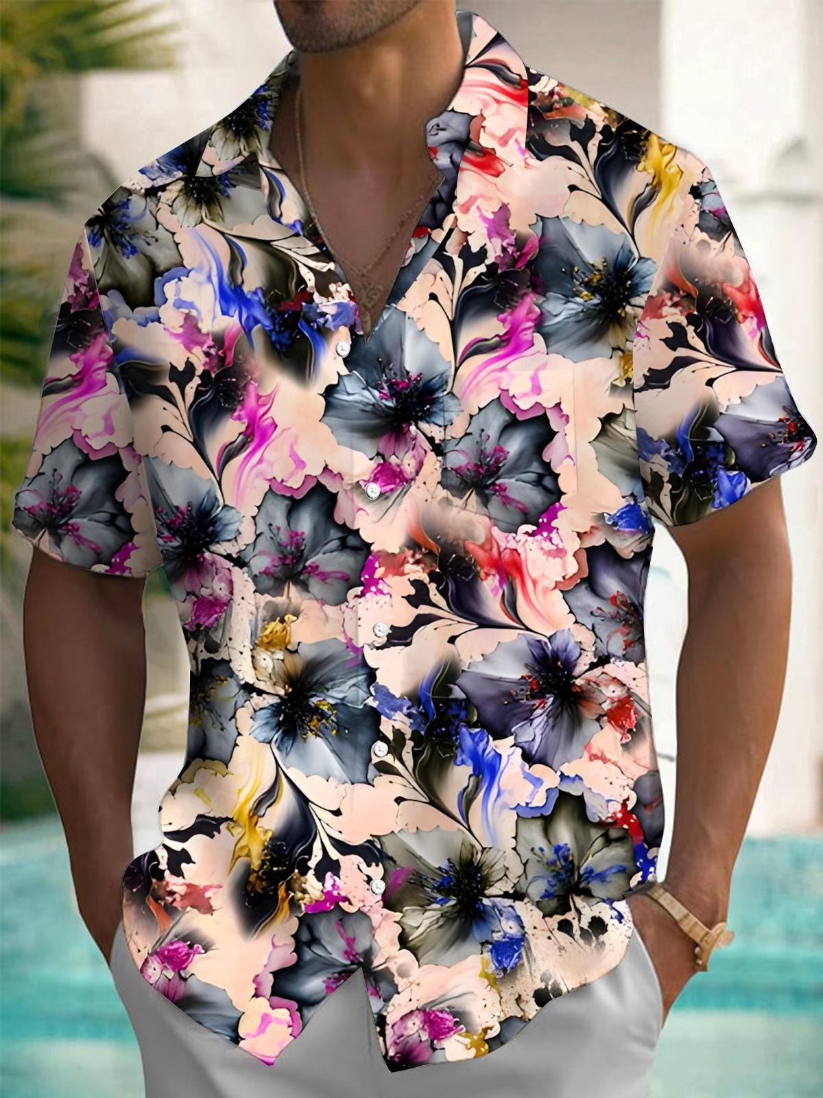 Ink Floral Print Men's Pocket Short Sleeve Shirts