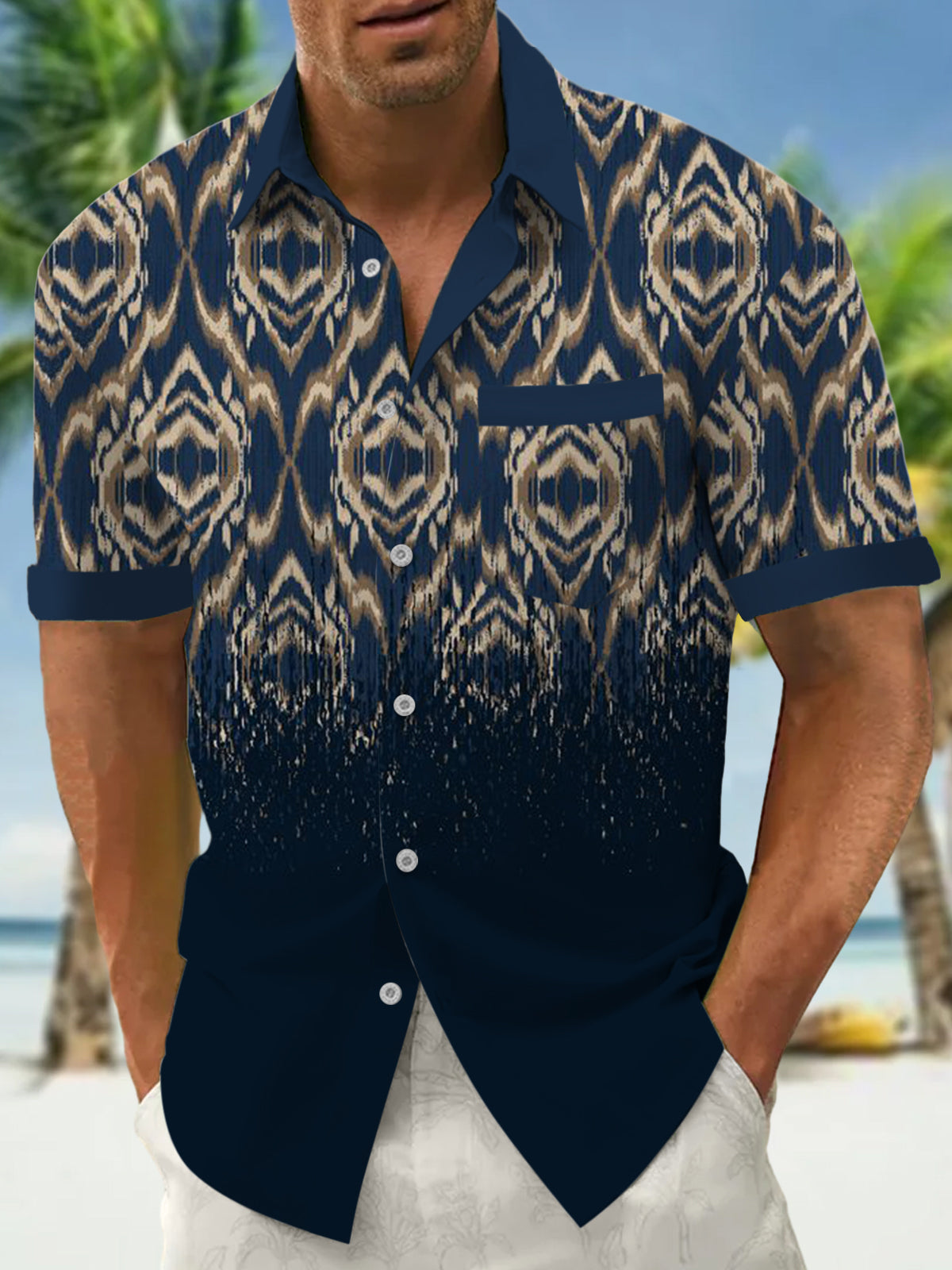 Vintage Print Short Sleeve Men's Shirts With Pocket