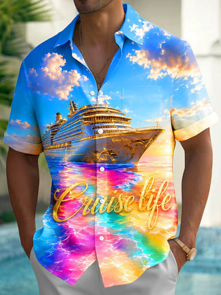 Adaychic Men's Graphic Cruise Ship Ocean Print Short Sleeve Button Down Shirt with Chest Pocket