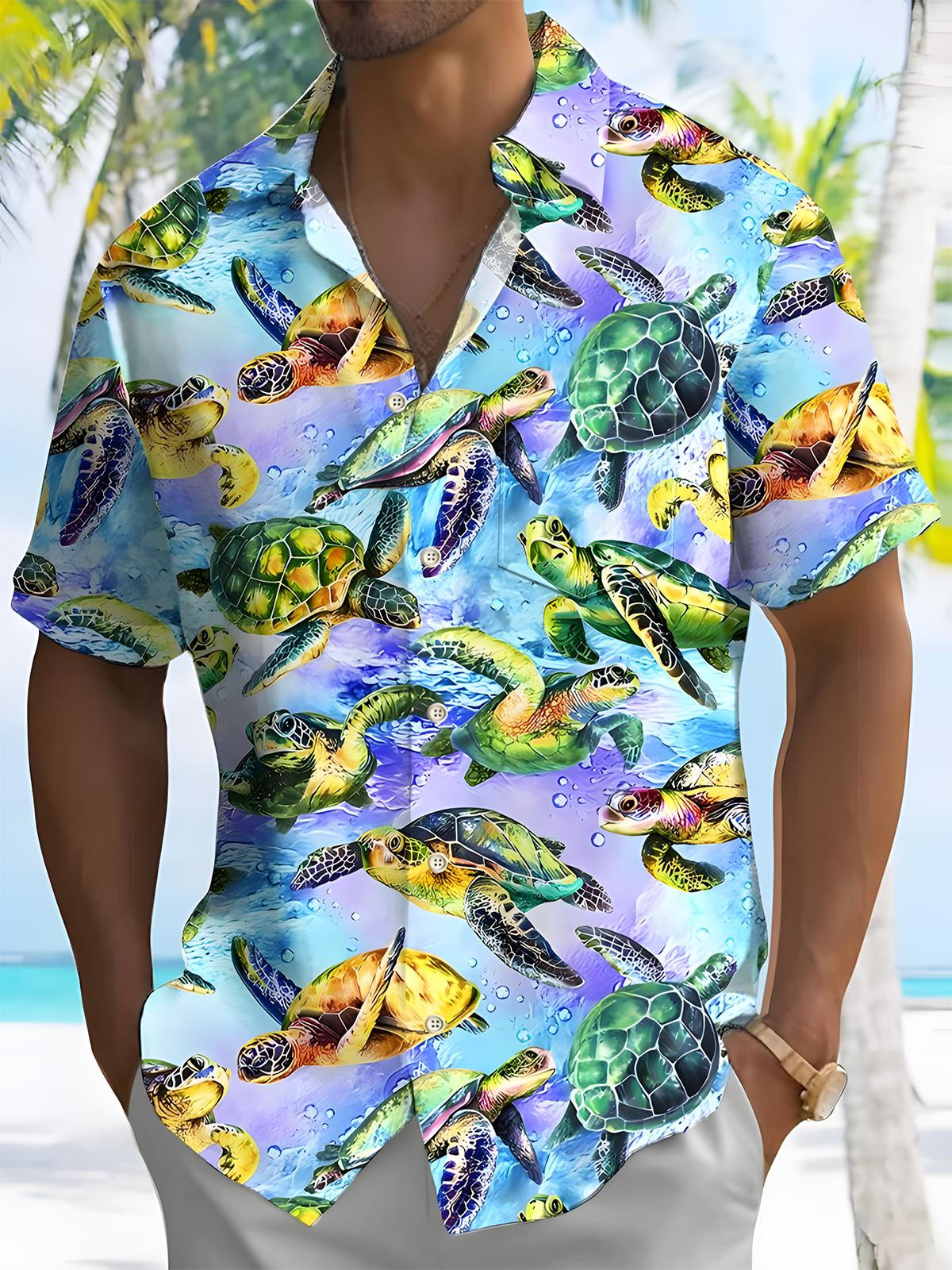 Turtle Print Men's Pocket Short Sleeve Shirts