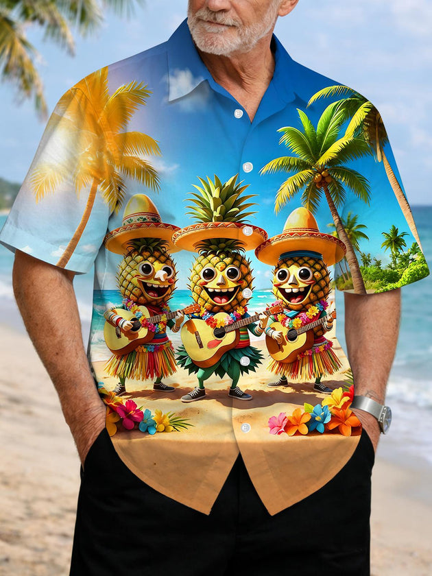 Fun Hawaiian Pineapple Band Playing Guitar Men's Pocket Short Sleeve Shirts
