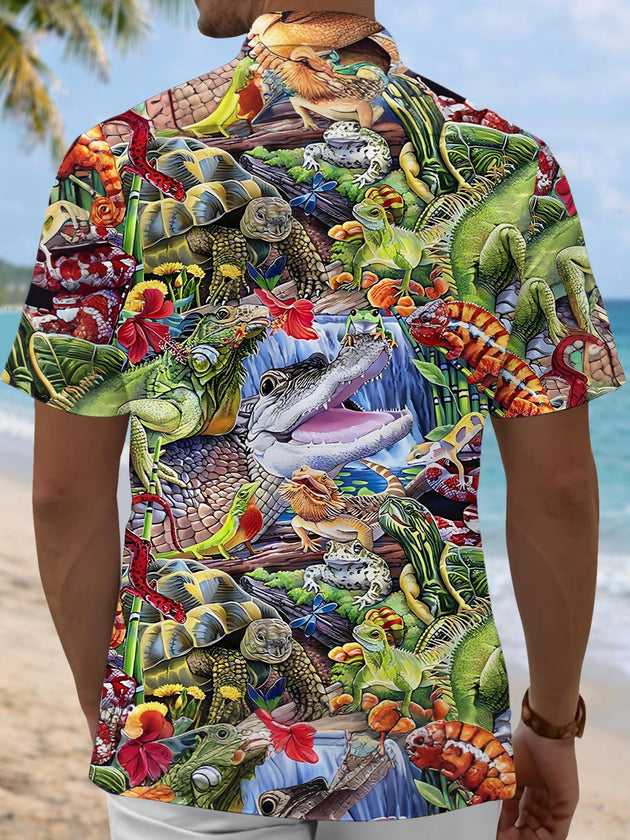 Men's Hawaiian animal print short sleeve shirt back view