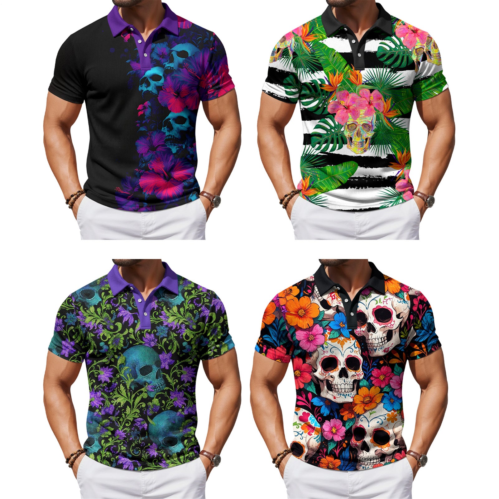 Skull Collared Tee Shirt for Men Waffle Floral Summer Short Sleeve Fashion Button Graphic Tee Shirt for Beach consistent