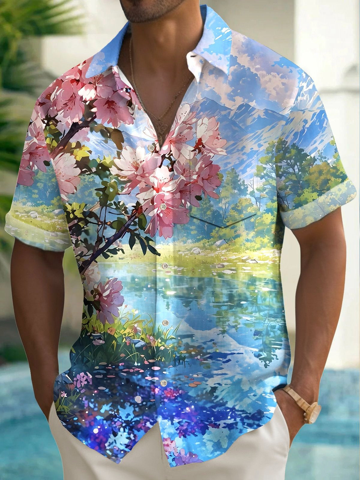 Hawaiian Floral Print Men's Pocket Short Sleeve Shirts