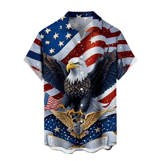 Men in red Hawaiian American flag print short sleeve button up shirt at a lively Independence Day concert