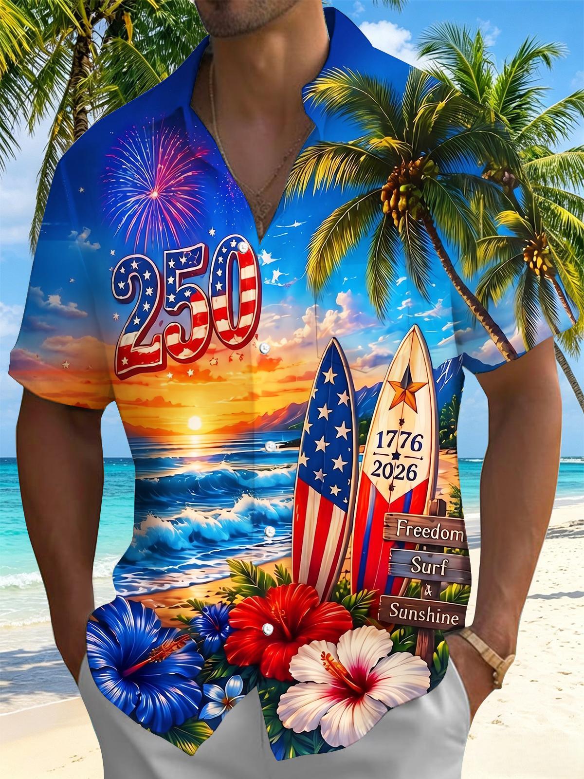 America 250th Anniversary Surfboard Coconut Seaside Independence Day Men's Pocket Short Sleeve Shirts