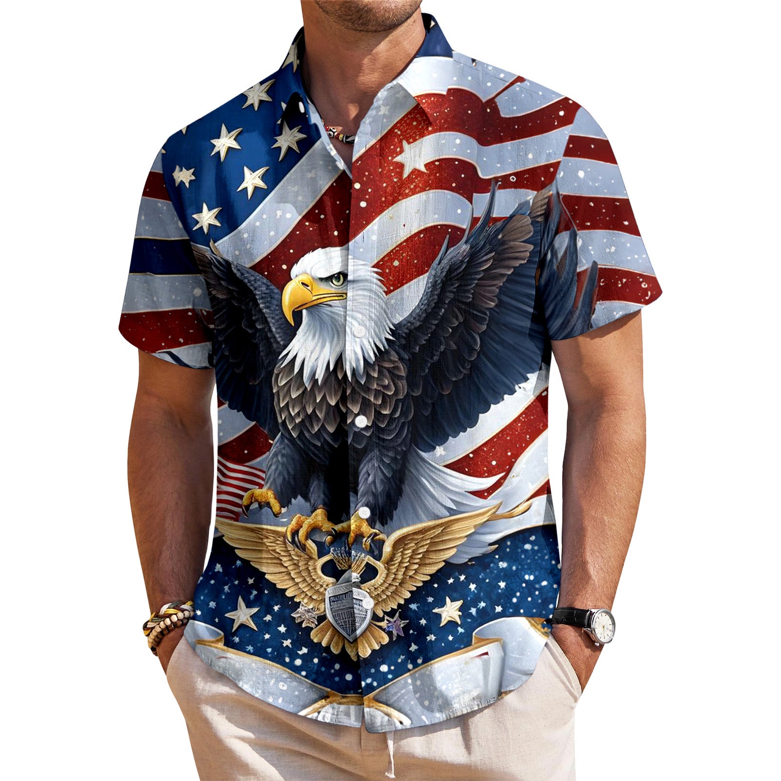 Men in red Hawaiian American flag print short sleeve button up shirt at casual Independence Day picnic