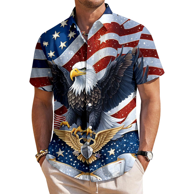 Men in red Hawaiian American flag print short sleeve button up shirt at casual Independence Day picnic