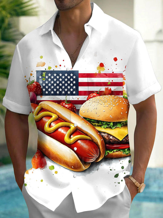 Independence Day American Flag Hot Dog Burger Print Men's Pocket Short Sleeve Shirts
