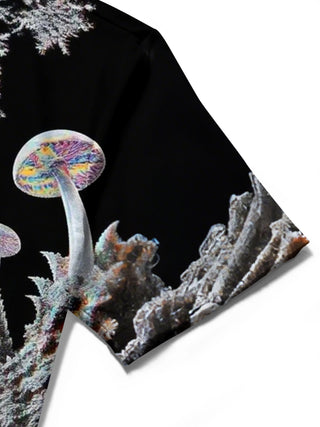 Men's fantasy mushroom print short sleeve shirt stitching detail close-up