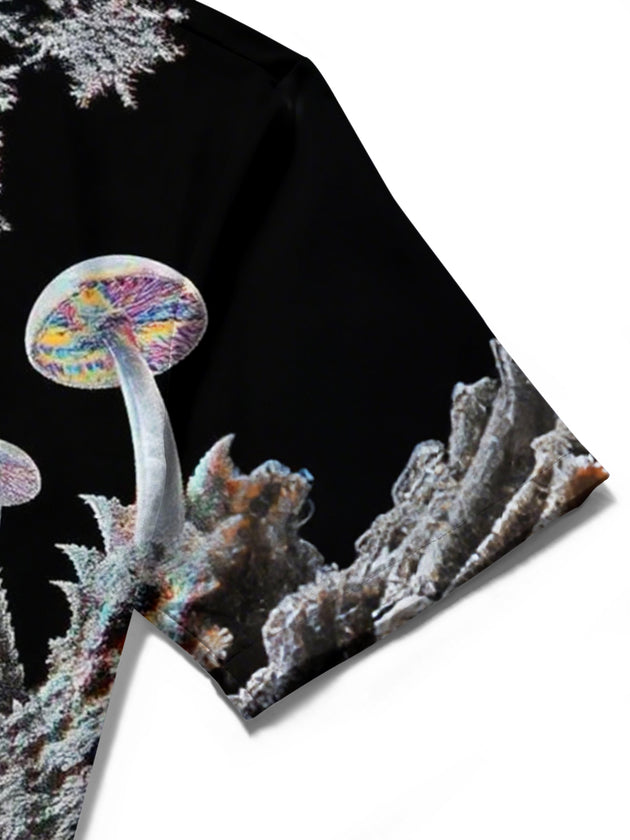Men's fantasy mushroom print short sleeve shirt stitching detail close-up