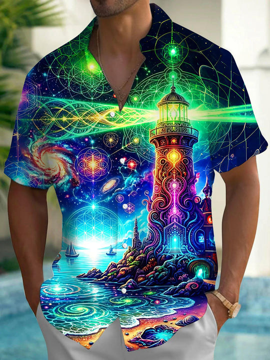 Dark Psychedelic Starry Lighthouse Cosmic Geometry Men's Pocket Short Sleeve Shirts