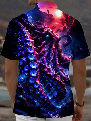 Men's dark octopus print short sleeve shirt back view