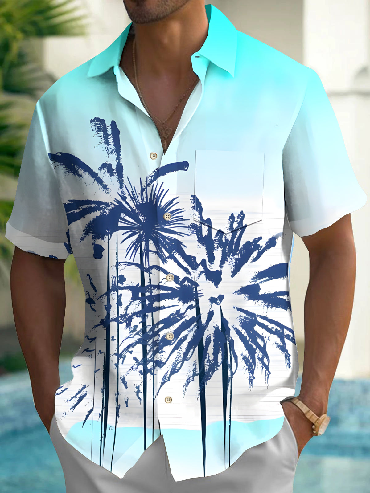 Hawaiian Coconut Tree Men's Pocket Short Sleeve Shirts