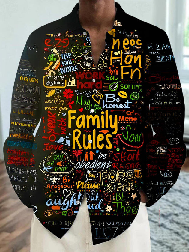 Men's fun family rules graphic pocket long sleeve shirt front view