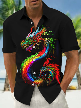 Men's short sleeve dragon print shirt front view