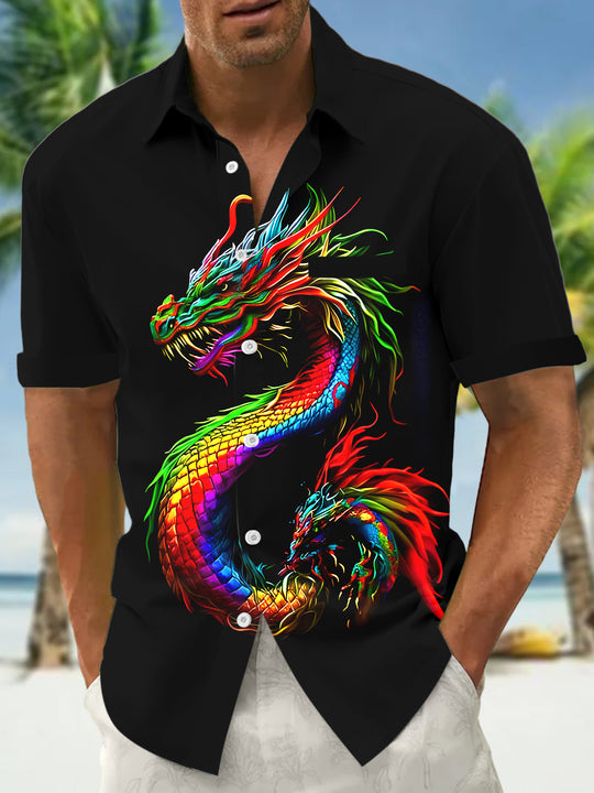 Men's short sleeve dragon print shirt front view
