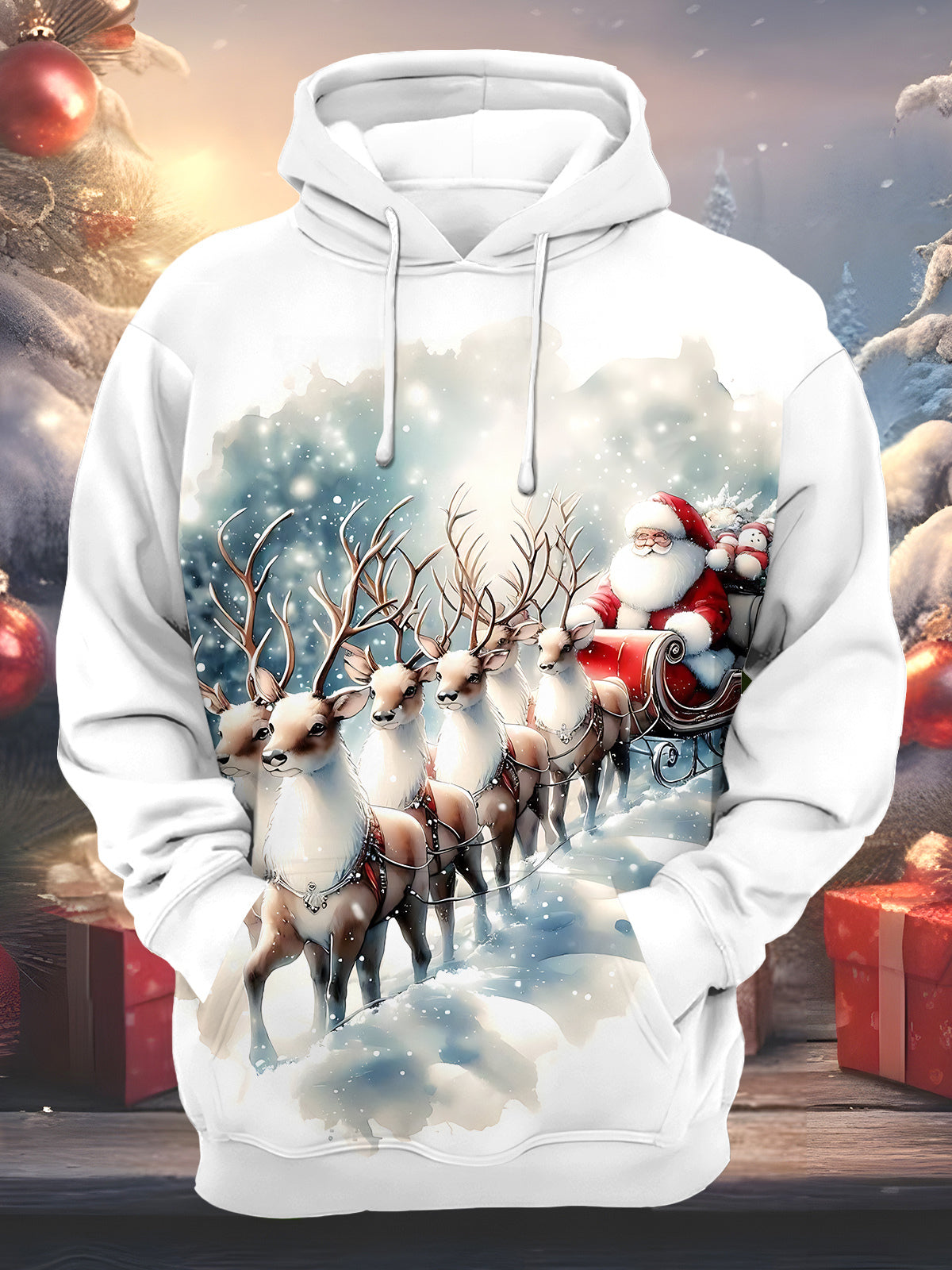 Christmas Santa Claus Reindeer Print Men's Long Sleeve Pocket Hoodies